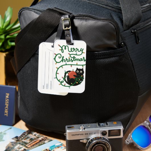 Vrolijk Kerstfeest Zwarte Kat met Ornament en Lich Bagagelabel (Voorkant & Achterkant)