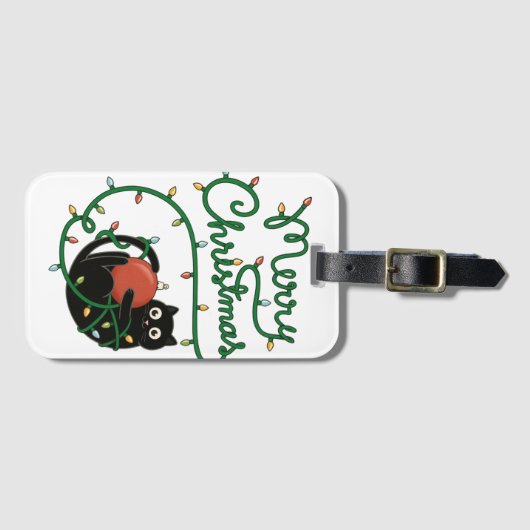 Vrolijk Kerstfeest Zwarte Kat met Ornament en Lich Bagagelabel (Voorkant (horizontaal))