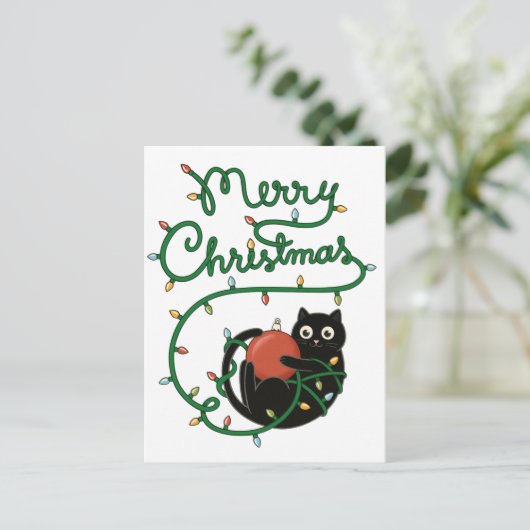 Vrolijk Kerstfeest Zwarte Kat met Ornament en Lich Briefkaart (Staand voorkant)