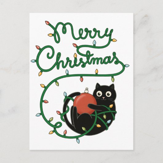 Vrolijk Kerstfeest Zwarte Kat met Ornament en Lich Briefkaart (Voorkant)