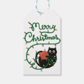 Vrolijk Kerstfeest Zwarte Kat met Ornament en Lich Cadeaulabel (Voorkant)