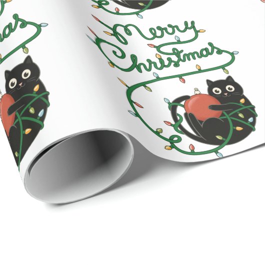 Vrolijk Kerstfeest Zwarte Kat met Ornament en Lich Cadeaupapier (Rol Hoek)