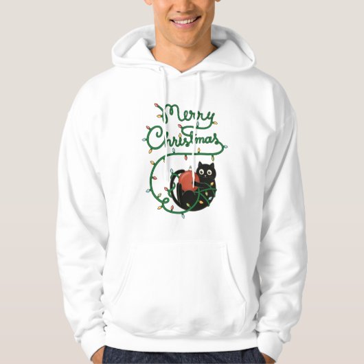 Vrolijk Kerstfeest Zwarte Kat met Ornament en Lich Hoodie (Voorkant)
