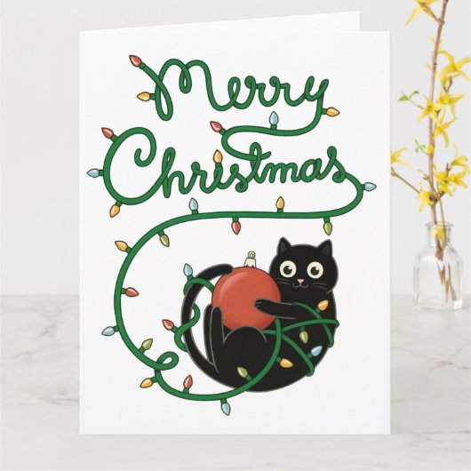 Vrolijk Kerstfeest Zwarte Kat met Ornament en Lich Kaart (Gele Bloem)