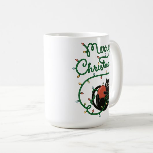 Vrolijk Kerstfeest Zwarte Kat met Ornament en Lich Koffiemok (Voorkant rechts)