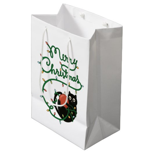 Vrolijk Kerstfeest Zwarte Kat met Ornament en Lich Medium Cadeauzakje (Voorkant Gekanteld)