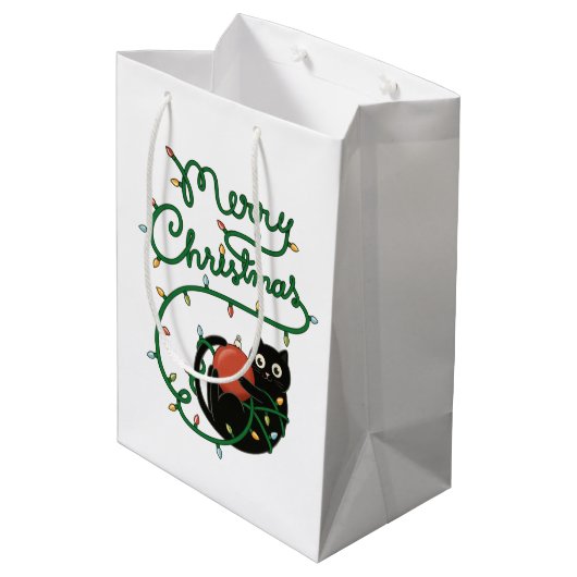 Vrolijk Kerstfeest Zwarte Kat met Ornament en Lich Medium Cadeauzakje (Achterkant Gekanteld)