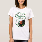 Vrolijk Kerstfeest Zwarte Kat met Ornament en Lich T-shirt (Voorkant)