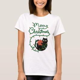 Vrolijk Kerstfeest Zwarte Kat met Ornament en Lich T-shirt