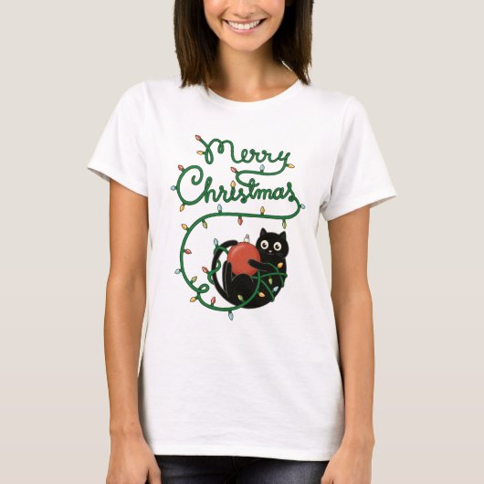 Vrolijk Kerstfeest Zwarte Kat met Ornament en Lich T-shirt (Voorkant)