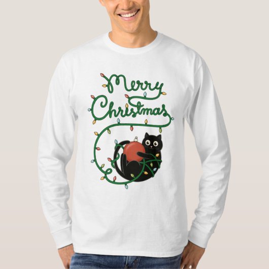 Vrolijk Kerstfeest Zwarte Kat met Ornament en Lich T-shirt (Voorkant)