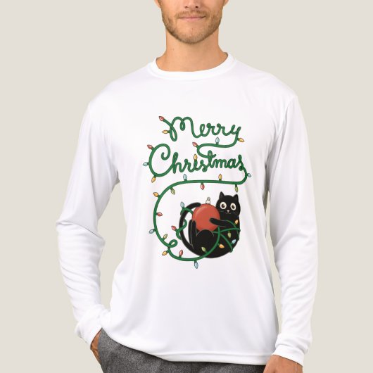 Vrolijk Kerstfeest Zwarte Kat met Ornament en Lich Tri-Blend Shirt (Voorkant volledig)