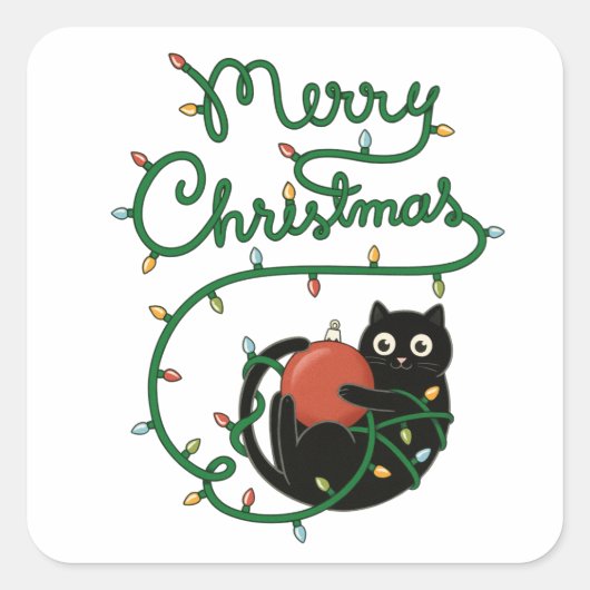 Vrolijk Kerstfeest Zwarte Kat met Ornament en Lich Vierkante Sticker (Voorkant)