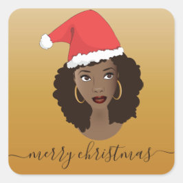 Vrolijk kerstfeest, zwarte vrouw, kerstmuts, geel vierkante sticker
