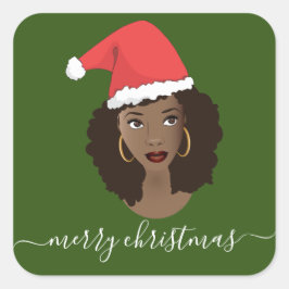 Vrolijk kerstfeest, zwarte vrouw, kerstmuts, groen vierkante sticker