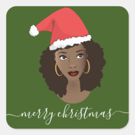 Vrolijk kerstfeest, zwarte vrouw, kerstmuts, groen vierkante sticker