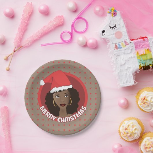 Vrolijk kerstfeest, zwarte vrouw kerstmuts papieren bordje (Feest)