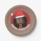 Vrolijk kerstfeest, zwarte vrouw kerstmuts papieren bordje (Voorkant)