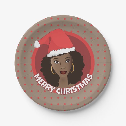 Vrolijk kerstfeest, zwarte vrouw kerstmuts papieren bordje (Voorkant)