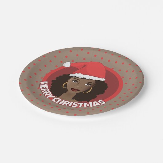 Vrolijk kerstfeest, zwarte vrouw kerstmuts papieren bordje (Gekanteld)