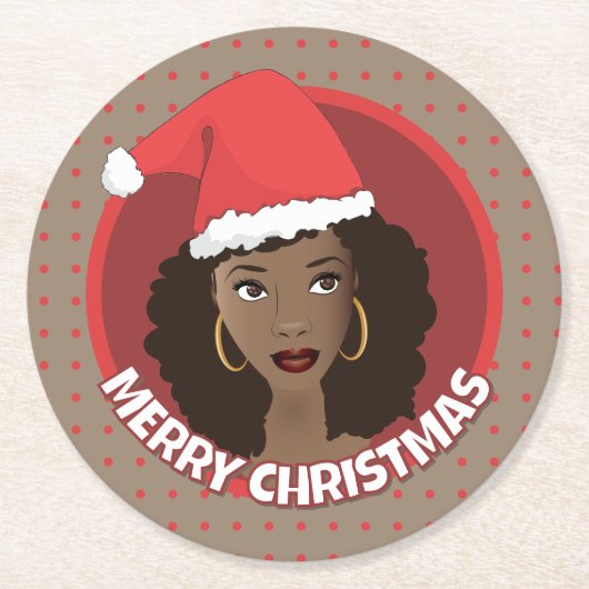 Vrolijk kerstfeest, zwarte vrouw kerstmuts ronde kartonnen onderzetter (Voorkant)