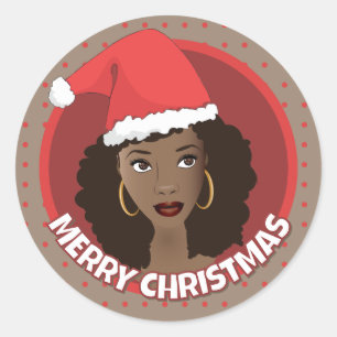 Vrolijk kerstfeest, zwarte vrouw kerstmuts ronde sticker