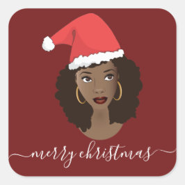 Vrolijk kerstfeest, zwarte vrouw, kerstmuts, rood vierkante sticker