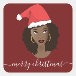 Vrolijk kerstfeest, zwarte vrouw, kerstmuts, rood vierkante sticker