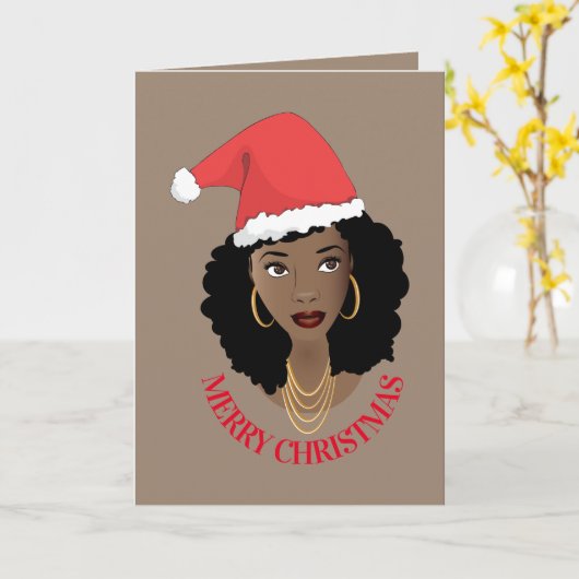 Vrolijk kerstfeest, zwarte vrouw, rode kerstman, b kaart (Gele Bloem)