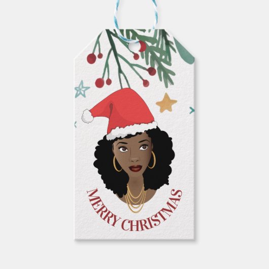Vrolijk kerstfeest, zwarte vrouw, rode kerstman cadeaulabel (Voorkant)