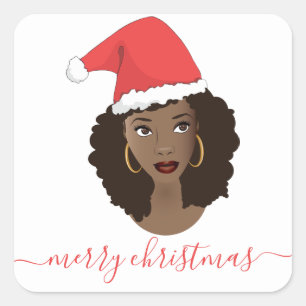 Vrolijk kerstfeest, zwarte vrouw, rode kerstman vierkante sticker