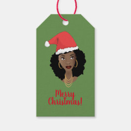 vrolijk kerstfeest! Zwarte vrouw, rode kerstmuts, Cadeaulabel