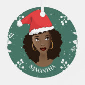 Vrolijk kerstfeest, zwarte vrouw rode kerstmuts, g metalen ornament (Achterkant)