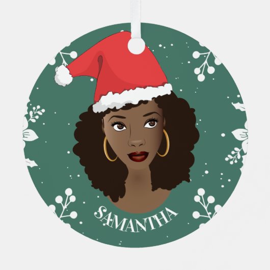 Vrolijk kerstfeest, zwarte vrouw rode kerstmuts, g metalen ornament (Achterkant)