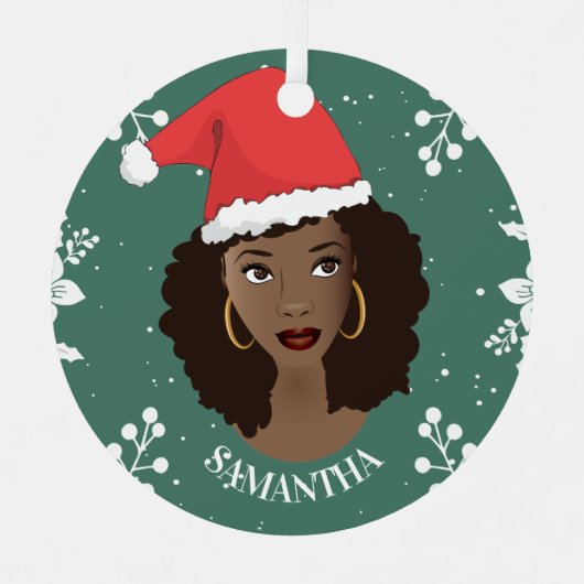 Vrolijk kerstfeest, zwarte vrouw rode kerstmuts, g metalen ornament (Voorkant)