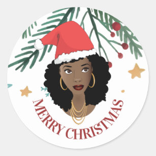 Vrolijk kerstfeest, zwarte vrouw, rode kerstmuts,  ronde sticker