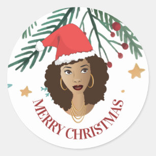Vrolijk kerstfeest, zwarte vrouw, rode kerstmuts,  ronde sticker
