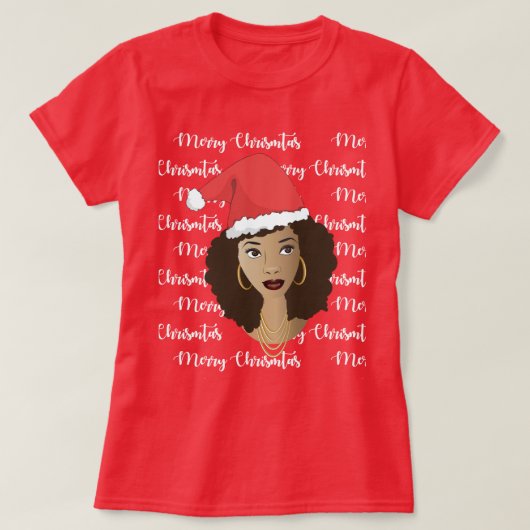 Vrolijk kerstfeest, zwarte vrouw, rode kerstmuts T T-shirt (Design voorkant)