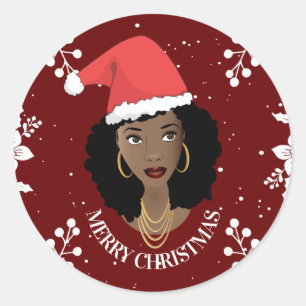 Vrolijk Kerstfeest, Zwarte Vrouw Rode Santa Hoed, Ronde Sticker