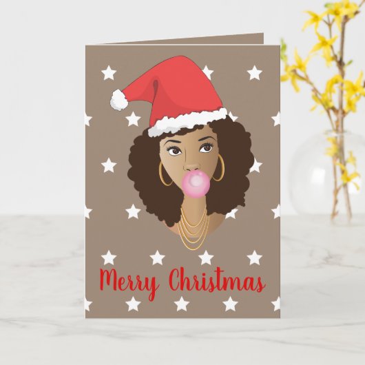 Vrolijk kerstfeest, Zwarte Vrouw, Santa Hat, Bubbl Kaart (Gele Bloem)