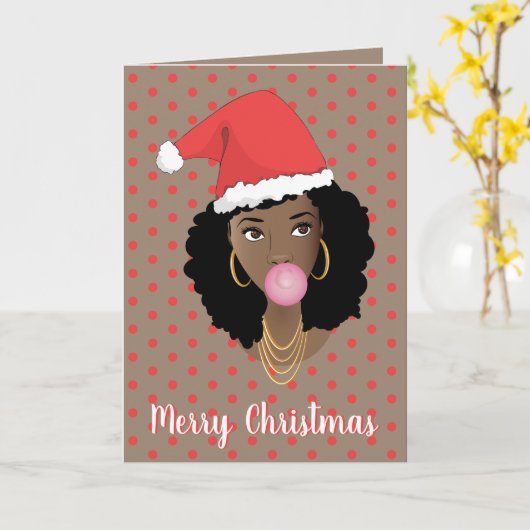 Vrolijk kerstfeest! Zwarte Vrouw, Santa Hat, Bubbl Kaart (Gele Bloem)