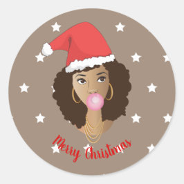 Vrolijk kerstfeest! Zwarte Vrouw, Santa Hat, tandv Ronde Sticker