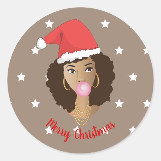 Vrolijk kerstfeest! Zwarte Vrouw, Santa Hat, tandv Ronde Sticker (Voorkant)
