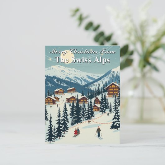 Vrolijk Kerstfeest Zwitserse Alpen Alpine Ski Vill Briefkaart (Staand voorkant)