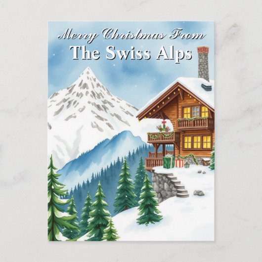 Vrolijk Kerstfeest Zwitserse Alpen Snowy Chalet Mo Briefkaart (Voorkant)