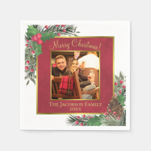 Vrolijk kerstfeestelijk Holly Berries & Pine-foto Servet