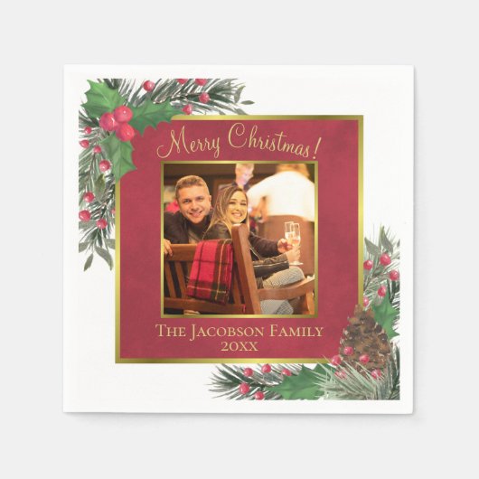 Vrolijk kerstfeestelijk Holly Berries & Pine-foto Servet (Voorkant)