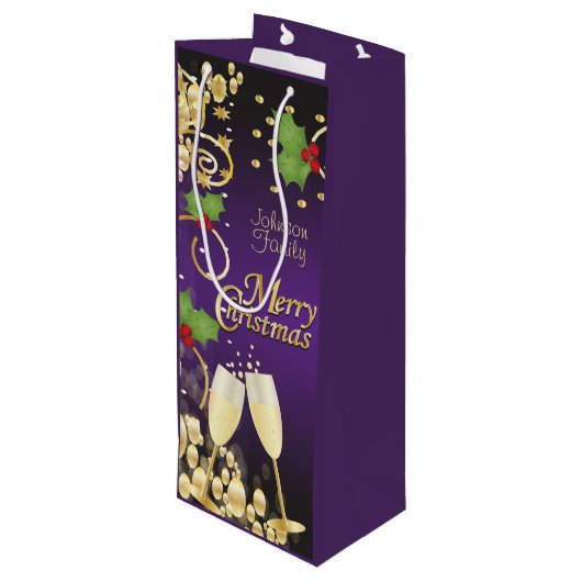 Vrolijk kerstfeestelijk Paars en goud Wijn Cadeautas (Achterkant Gekanteld)