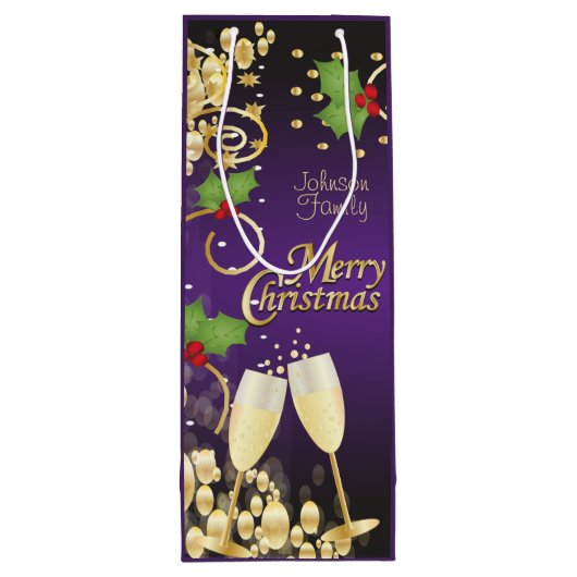 Vrolijk kerstfeestelijk Paars en goud Wijn Cadeautas (Achterkant)