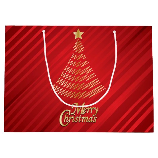 Vrolijk kerstfeestelijke rode en gouden boom groot cadeauzakje (Voorkant)